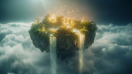 Wall Mural - magical floating island with waterfalls, lush vegetation, and glowing lights in a dreamy cloudscape.