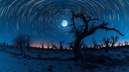 Wall Mural - star trails circling a full moon above a dead tree forest at night.