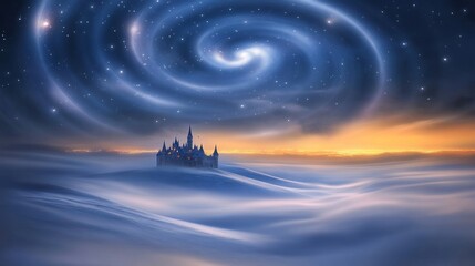 Wall Mural - fantasy castle on a foggy hill with a swirling galaxy above.