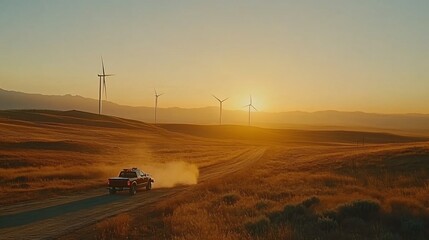 Wall Mural - Pickup truck driving on a dirt road at sunset, with wind turbines in the background.