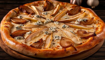 Sticker - Delicious pear and blue cheese pizza on a wooden board.