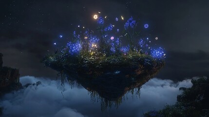 Wall Mural - floating island at night with glowing flowers, moon, and stars.
