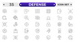 © artshuvo - Set of Defense and security web icons in line style. Guard, cyber security, password, smart home, safety, data protection, key, shield, lock, unlock, eye access. Security outline icon set.