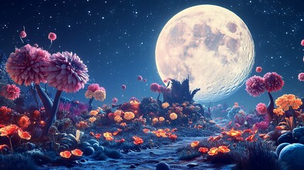 Wall Mural - magical moonlit landscape with glowing flowers and plants.