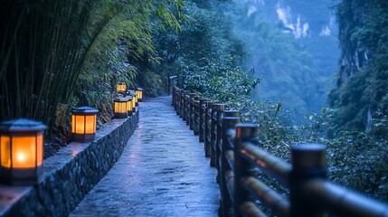 Wall Mural - Illuminated pathway winding through a lush, misty mountain landscape at dusk.