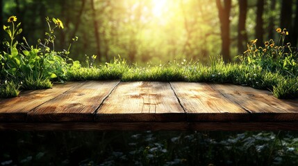 Wall Mural - Sunny woods background, wood table.