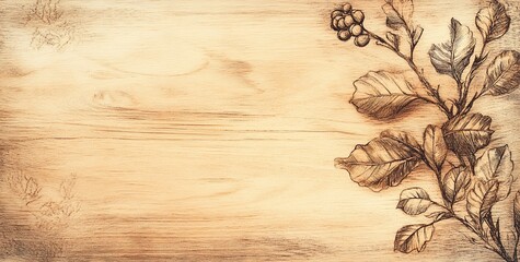 Wooden background with sketched autumn leaves and berries.