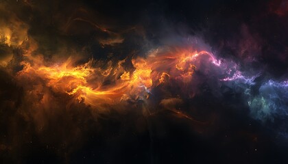 Wall Mural - Abstract nebula with colorful smoke and dust clouds, dark black with golden glow, hyper-detailed, 80mm lens, dramatic lighting, high resolution.