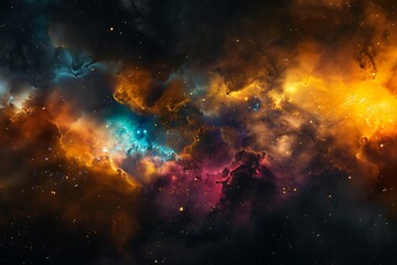 Wall Mural - Abstract nebula with colorful clouds of smoke and dust, dark black background with a golden glow, glowing particles, 80mm lens, bokeh effect, dramatic lighting.