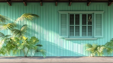 Wall Mural - Teal wall, window, palm plants.