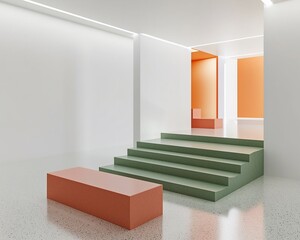 Wall Mural - Modern minimalist interior with green stairs and orange bench.