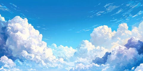 A detailed view of a bright blue sky filled with soft, fluffy white clouds, showcasing the beauty of a clear day with vibrant colors and serene elements.