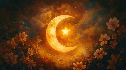 Wall Mural - Golden Crescent Moon and Star Amidst Night Blossoms