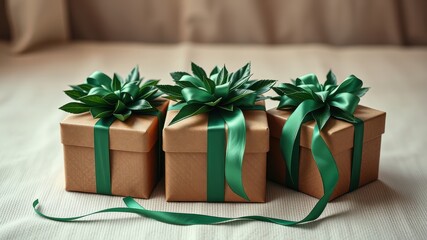 Wall Mural - Three elegant gift boxes adorned with lush green foliage and satin ribbons, resting on a textured white surface.