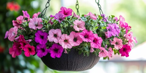 Sticker - Vibrant petunia flowers displayed in a charming hanging flower pot, showcasing their colorful beauty and delicate petals. This arrangement of petunia flowers brings life and elegance to any space.