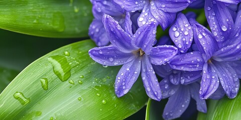 Sticker - Close up of a vibrant purple hyacinth flower displaying lush green leaves, all adorned with delicate water droplets, showcasing the beauty of the purple hyacinth in nature.