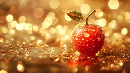 Poster - A Dewy Red Apple Rests On Golden Sparkling Water