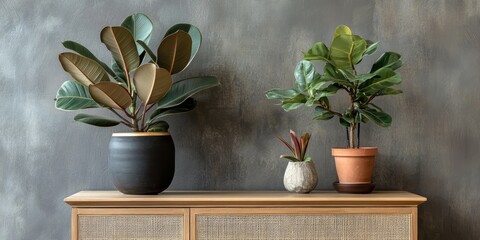 Canvas Print - Rubber plant showcased on a decorative wooden sideboard table, enhancing the aesthetic of the room. This rubber plant adds a touch of nature to the wooden sideboard, creating a serene atmosphere.