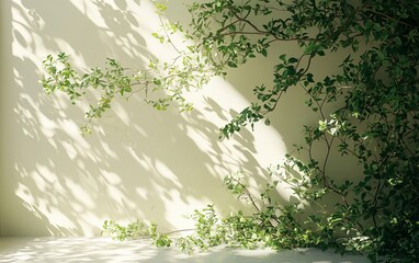 Wall Mural - Sunlit wall with green plants and shadows.