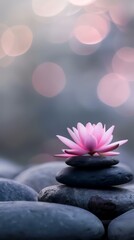 Pink lotus blossom rests on balanced stones, serene garden bokeh background; peaceful spa, wellness, meditation image