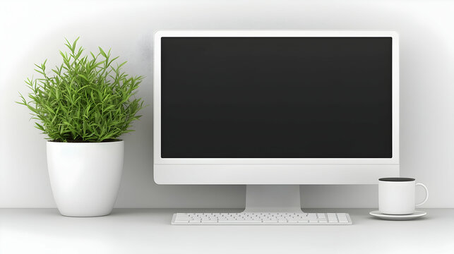 Minimalist white desktop computer, plant, coffee, workspace