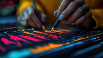 Poster - Close-up of hands using styluses on a screen displaying data graphs, with a focus on detailed analysis and technology. The scene suggests meticulous attention to data insights.