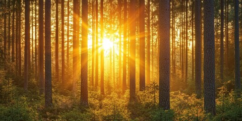 Wall Mural - Stunning sunset and sunrise create a beautiful scene, with sunshine illuminating a coniferous forest. Sunlight and sunbeams filter through the woods, showcasing a panoramic forest landscape.