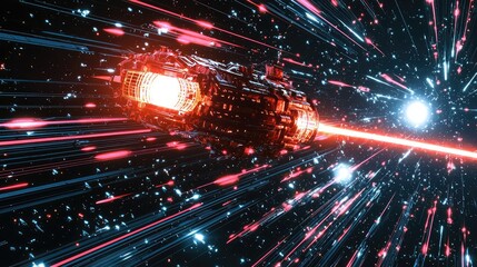 Poster - Futuristic Spaceship with Laser Beams in a Colorful Space Scene