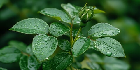 Wall Mural - fresh rose leaves glisten after a heavy rain, showcasing the beauty of nature. the vibrant green of 