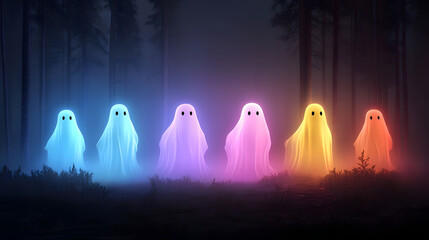 Wall Mural - group of spectral figures gliding across dark forest, illuminated in vibrant colors. ethereal presence creates mystical atmosphere, evoking curiosity and wonder