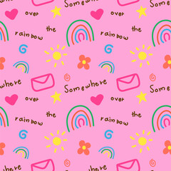Wall Mural - Cute colorful hand drawn doodles icon repeat pattern isolated on pink background.Abstract seamless pattern.Vector graphic illustration.