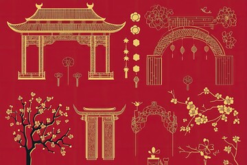 A collection of Chinese New Year elements including decorative borders with blossom flowers, papercut art, and traditional arches for festive banners.