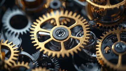 Poster - Golden Metal Gears with Intricate Mechanisms in Close-Up View