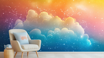 Wall Mural - celestial dreamscape nursery wall mural: a whimsical and colorful illustration of fluffy clouds inte
