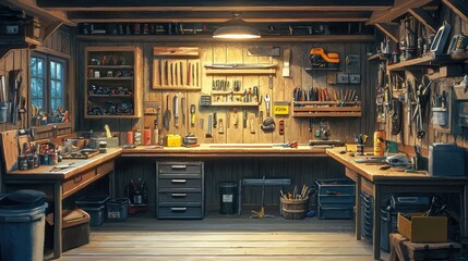 Wall Mural - Cozy and Organized Workshop with Tools and Wooden Decor