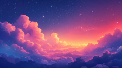 Wall Mural - celestial dreamscape: a mesmerizing digital art piece showcasing a vibrant, ethereal sunset over a f