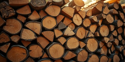 Wall Mural - A Stack of Cut Wood Logs With Visible Growth Rings, Perfectly Aligned and Ready for Use