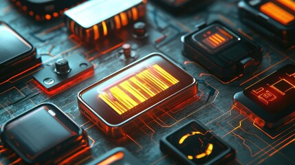 Poster - Futuristic Circuit Board with Glowing Components and Digital Pattern