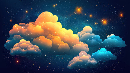 Wall Mural - celestial dreamscape: a breathtaking digital painting of vibrant, luminous clouds drifting through a