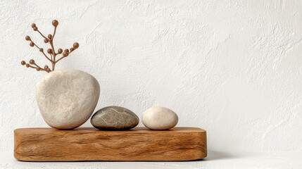 Poster - Elegant stone arrangement displayed on wooden base minimalist interior decorative art natural aesthetic