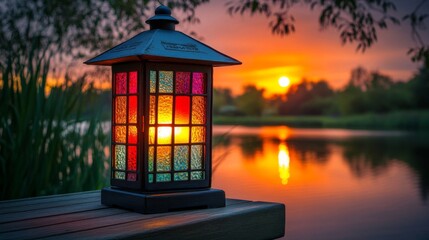 Wall Mural - Colorful Lantern Illuminates Sunset Lakeside Scene