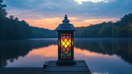 Wall Mural - Illuminated Lantern on a Lake Dock at Sunset