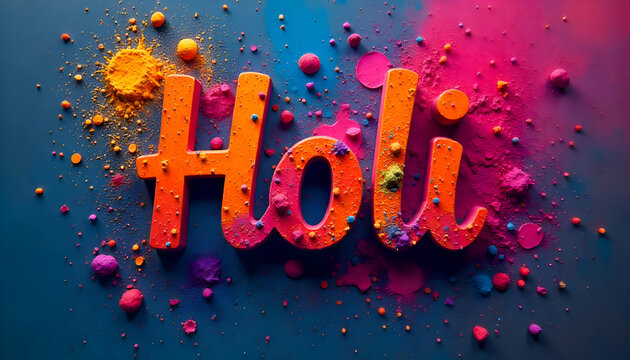 Indian Holi Festival of colors Abstract Multi color powder explosions, Happy Holi Text Letters Typography Written Background 