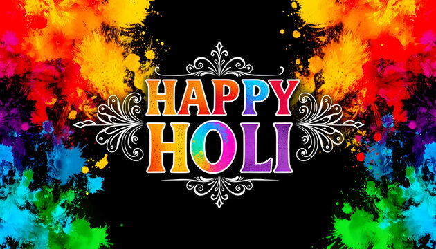 Indian Holi Festival of colors Abstract Multi color powder explosions, Happy Holi Text Letters Typography Written Background 