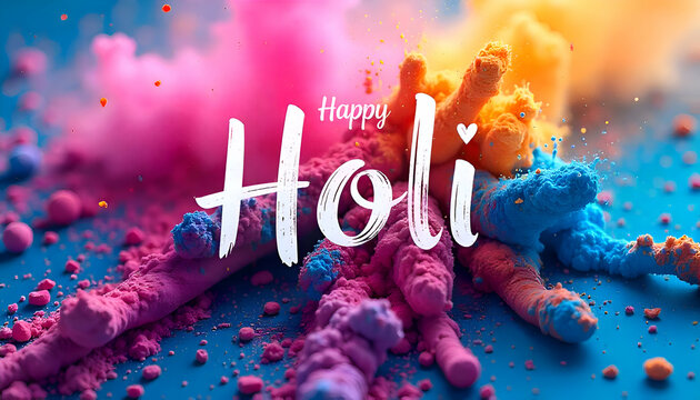 Indian Holi Festival of colors Abstract Multi color powder explosions, Happy Holi Text Letters Typography Written Background 