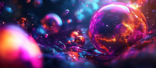 Wall Mural - Vibrant cosmic spheres float in a surreal, glowing liquid.