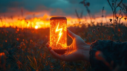 Canvas Print - Hand holding a glowing can against a sunset backdrop.