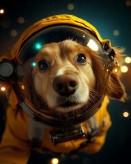 adorable puppies and kittens in professional adventurous dog in astronaut suit exploring space. crea