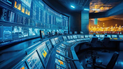Poster - High-Tech Control Room with Monitors and Data Visualization Display