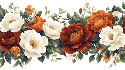 Seamless floral border, red & white peonies, leaves, isolated on white, for textile prints.